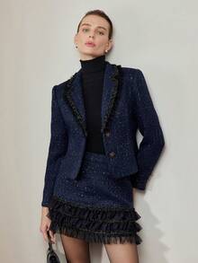 MOTF PREMIUM TWEED CONTRAST TAPE TRIM LAPEL COLLAR BLAZER - Blue - View 3