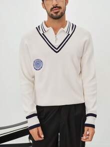 Manfinity Homme 男士秋冬条纹拼接拉链 Polo 领休闲毛衣 男士纽扣针织 Polo 衫 男士学院风条纹男装 休闲学院风男装 男士俱乐部服饰 - 白色 - 查看 7