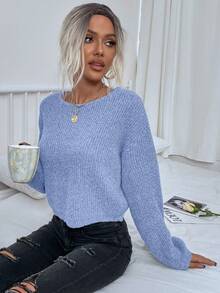 EMERY ROSE Women Casual Solid Color Dropped Shoulder Loose Ribbed Knit Pullover Sweater Gray Sweatergrey Jumper - Blue - View 6