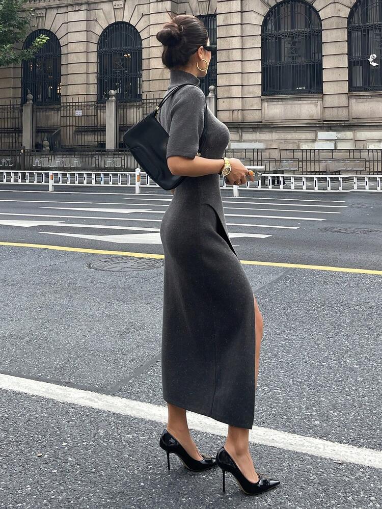 Sequin Turtleneck Fitted Women Sweater Dress, Autumn/Winter