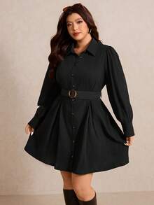 Elaquor Plus Size All-Match Black Shirt Dress For Women, Detachable Belt, Versatile For All Seasons - Black - View 7