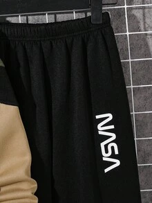 SHEIN 2 件套青少年男孩休闲运动百搭学院风撞色连帽衫和抽绳裤套装，适合学校、家居、日常穿着、运动，简约设计，适合春季、夏季、秋季、冬季 - 卡其色 - 查看 4