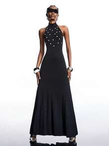 LYSMO 2025 New Arrive Minimalism Winter  Women's Solid Color Button Design Backless Dress,Party Clothing - Black - View 3