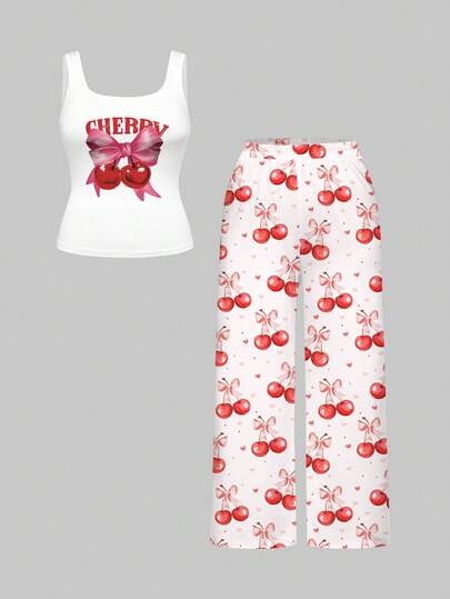 Kawaii Plus Size Cherry Bow Heart Print Pajama Set, Cute & Comfy Loungewear