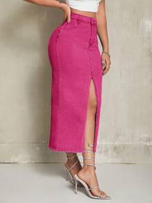 SHEIN SXY 纯色休闲修身开衩女式牛仔裙 - 粉色 - 查看 4