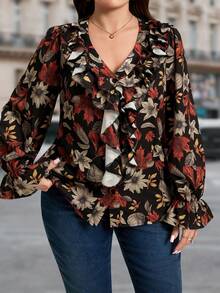 SHEIN LUNE Plus Size Women's Valentine Simple Flower Print Summer Ruffled Casual Vacation Loose Blouse, Spring/Autumn,Fall Holiday - Multicolor - View 5
