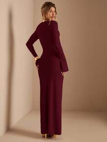 SHEIN BAE Abito dritto in maglia a maniche lunghe con vita arricciata e orlo attorcigliato, colore albicocca. Abito elegante, adatto per appuntamenti, damigella, festa di compleanno, da indossare in autunno/inverno. - Bordò - Visualizzare 2