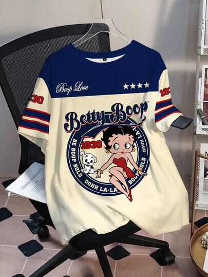 Betty Boop x SHEIN Plus Size Women's Casual Fashion Street Chic Daily Commute Cartoon Letter Print Contrast Color Loose Short Sleeve T-Shirt
