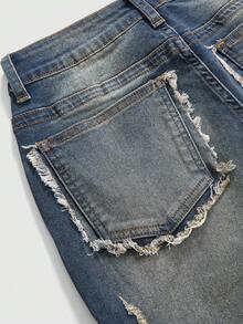 ROMWE Grunge Punk Quần jeans ống loe ôm vừa vặn phong cách Y2K Retro Millennium Baddie Cross Stud thiết kế rách dành cho nữ - Màu xanh lam - Xem 4