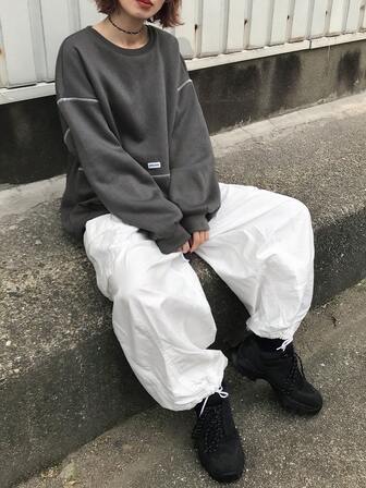 FRIFUL Women's Contrast Color Round Neck Drop Shoulder Long Sleeve Contrast Topstitching Decor Fleece Lined Loose Casual Versatile Sweatshirt, Autumn/Winter