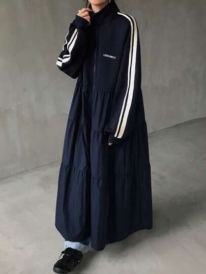 FRIFUL 1件女士纯色立领拉链外套连衣裙，长袖女式外套