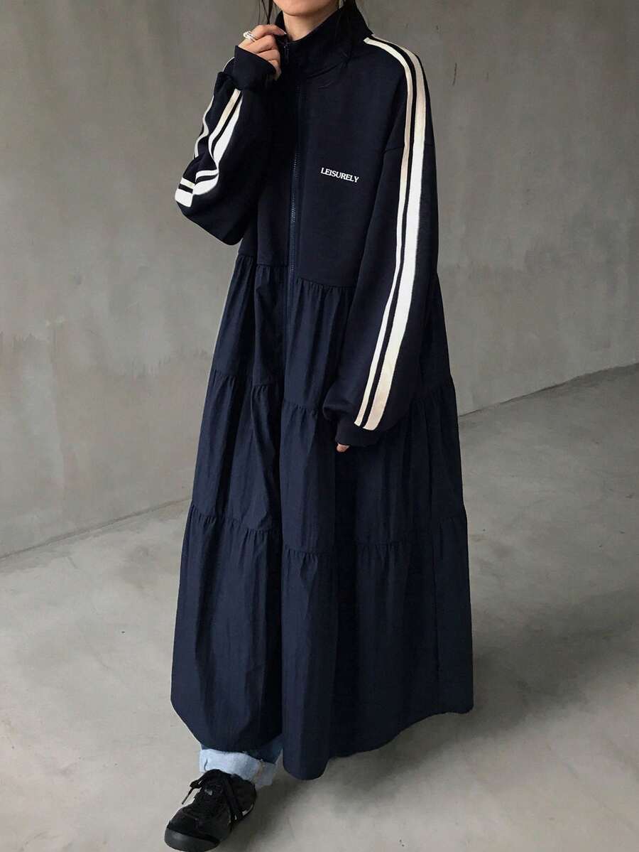 FRIFUL 1件女士纯色立领拉链外套连衣裙，长袖女式外套