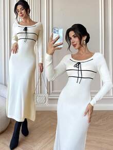 Firerie Damen Neues elegantes, sexy, schlankes Zugband A-Linien Maxikleid mit quadratischem Kragen, Kontrastfarbenes Pulloverkleid, tailliertes A-Linien Kleid, Frühling Herbst Winter Bekleidung, geeignet für elegant, Lässig, Büro, Alltag, Date, Urlaub - Aprikosenfarben - Übersicht 1