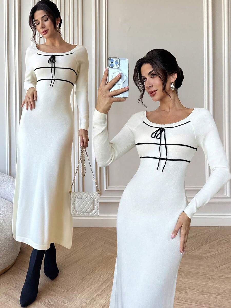 Firerie Damen Neues elegantes, sexy, schlankes Zugband A-Linien Maxikleid mit quadratischem Kragen, Kontrastfarbenes Pulloverkleid, tailliertes A-Linien Kleid, Frühling Herbst Winter Bekleidung, geeignet für elegant, Lässig, Büro, Alltag, Date, Urlaub - Aprikosenfarben - Übersicht 1