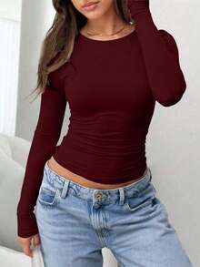 INAWLY Women Summer Burgundy Casual Slim-Fitting Long-Sleeved Top,Fall Winter Everyday Comfortable Versatile Style Suitable For School, And Commuting - White - View 4