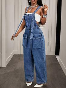 Slaydiva Women's Casual Loose Fit Cargo Pocket Denim Jumpsuit - Blue - View 4
