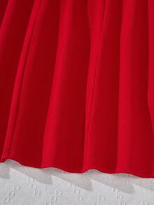 Gaun Remaja Perempuan Bergaya Retro Feminin dengan Kerah Kontras Mutiara dan Hiasan Pita, Lengan Gigot, Pinggang Diikat, dan Hem Mengembang. - Merah - View 6