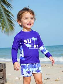 2pcs Baby Boys' Tropical Holiday Themed Printed Short Sleeve Top + Shorts Set - Suitable For Vacation And Pool Play