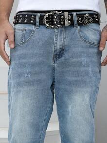 Manfinity EMRG 男士浅色水洗叠层喇叭牛仔裤，踝部拉链设计。修身长款牛仔裤，打造现代休闲风格。男士牛仔裤 - 淺色水洗藍 - 查看 7