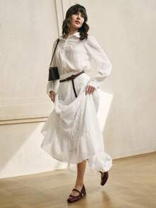 Cévolie 女士秋季新款法式蕾丝拼接浪漫度假裙 - 白色 - 查看 4