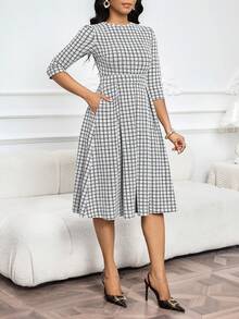 SHEIN Lady Váy midi kẻ caro thời trang dành cho nữ khi đi làm - Đen và trắng - Xem 5