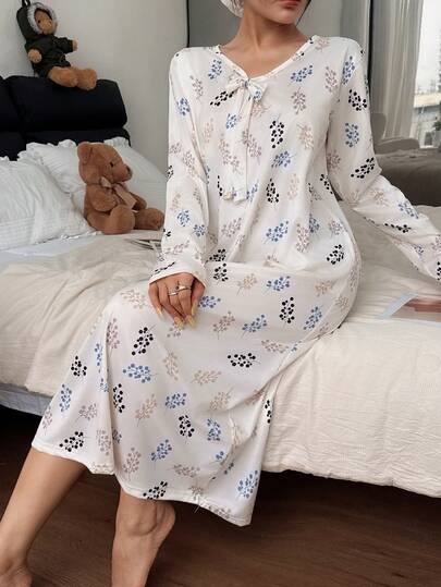 SHEIN 女士浪漫碎花针织V领宽松长袖睡裙，冬季，宽松睡衣