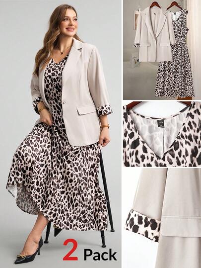SHEIN LUNE Plus Size Women Leopard Print Patchwork Lapel Long Sleeve Jacket And Dress Suit Set Plus Size Two-Piece Set, Leopard Print Waist Sleeveless Midi Dress & Suit Jacket Commute Minimalist Office Old Money Women Two-Piece Outfits,Elegant And Fashionable For Commuting,Casual Daily Wear,Two Piece Set Business Professional Women Business Casual Woman Fall Clothes For Women Elegant Set For Party,Elegant Party 2pcs Set For Women,Thanksgiving Outfit For Women,New Year Women'S Clothes,Christmas Clothes For Women,Setup Autumn Winter Women,Winter Clothes For Women