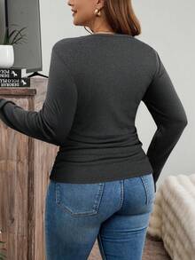 SHEIN LUNE 加大码冬季加厚圆领修身长袖保暖T恤，休闲日常假日穿着 - 灰色 - 查看 2