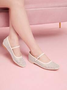 CUCCOO DOLLMOD Fashionable Light Apricot Full Crystal Mesh Mary Jane Flat Shoes, Cute And Sweet For School Students Spring Shoes Spring Break Easter For Christmas Spring Shoes - Apricot - View 4