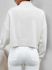 EURMUSE Women's Solid Color High Neck Drop Shoulder Long Sleeve Casual Pullover Sweater, Autumn/Winter - White - View 2