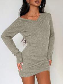 EgrlEra 秋冬女式V领针织修身毛衣裙 - 淺灰色 - 查看 4