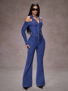 Jeanoix Women's Off-Shoulder Long Sleeve Button Half-Placket Fashionable Flared Denim Jumpsuit - Blue - View 5