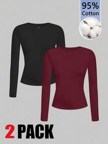 SHEIN EZwear 大码纯色修身长袖T恤，休闲百搭，秋冬款 - 酒紅色 - 查看 1