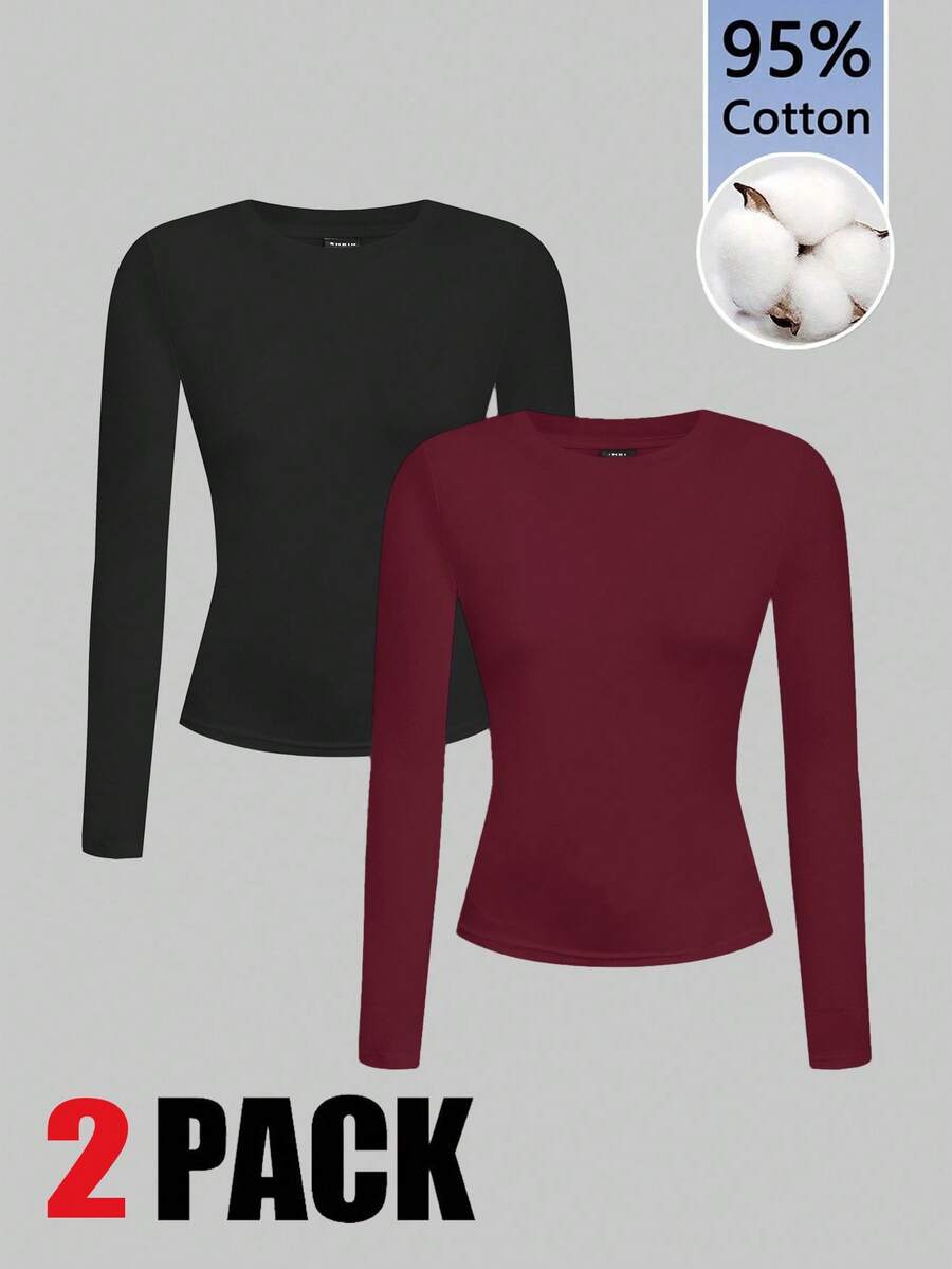 SHEIN EZwear 大码纯色修身长袖T恤,休闲百搭,秋冬款 - 酒紅色 - 查看 1