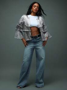 Hauture Chaqueta larga con mangas y flecos brillantes de plata para salir de noche y fiestas de mujeres - Plateado - Ver 3