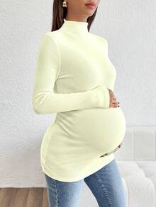 SHEIN Maternity Long Sleeve Solid Color Stand Collar Ribbed Fitted Casual T-Shirt, Autumn - Apricot - View 3
