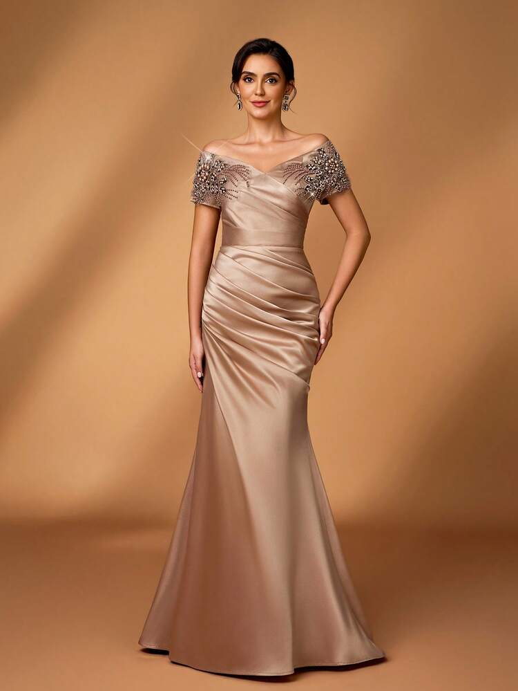 Serin Elegant Luxurious Faux Pearl Beaded Embroidered Lace Applique Satin Ruched Off Shoulder Sleeve Mermaid Dress, Suitable For Wedding, Party, Vacation, Prom, Mother Of The Bride Evening Gown, Valentine's Day - Champagne - View 6