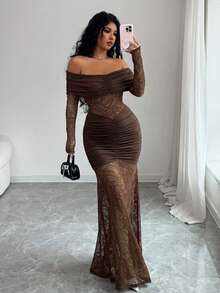 Rafferiza 女士优雅深棕色露肩针织高弹褶皱蕾丝连衣裙 冬季 - 咖啡 - 查看 8