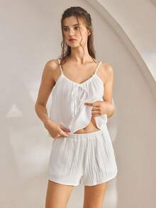 Ocili 女士舒适棉质柔软网眼双层吊带短裤睡衣套装 - 白色 - 查看 5