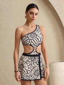 Swim Oasis 1pc Women's One-Piece Swimsuit + 1pc Skirt 2-Piece Set, Asymmetrical Hollow Out One Shoulder, Fashionable Casual Resort Swimwear, Spring/Summer/Autumn Curve Beach Outfits Beach Outfits For Woman Set High Waisted Bathing Suits Sea Shell Outfit - Multicolor - View 3