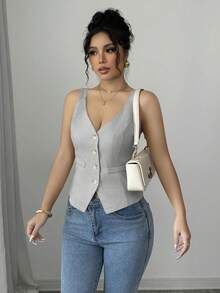 Elenzga Front Button Casual Solid Color Sleeveless Women Tank Tops - Grey - View 4