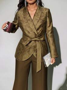 Viva Relle 纹理3D花卉金色腰带蝴蝶结夹克，秋冬 - 金色 - 查看 6