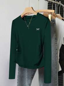 Resyla Women's Bow Print Crew Neck Long Sleeve Pleated Casual T-Shirt - Navy Blue - View 3