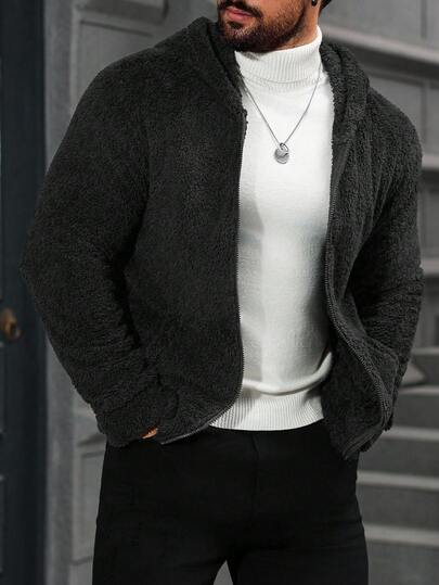 Manfinity CasualCool 男士纯色长袖拉链连帽抓绒外套，秋冬男士毛绒外套，男士毛衣连帽衫，男士拉链毛衣，男士毛衣外套，男士连帽开衫