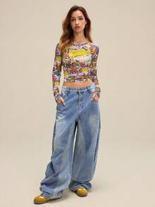 Nick 90s | SHEIN Women's Mesh Sheer Cartoon Pattern Round Neck Long Sleeve Cropped Top - Yellow - View 7