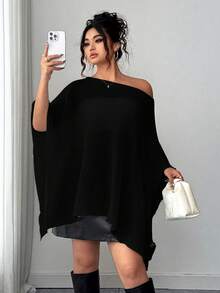 Elenzga Plus Size Women Casual Chic Daily Commute Simple Solid Asymmetrical Collar Batwing Sleeve Loose Knit Sweater, Autumn/Winter 3 Day Delivery Black Goth - Black - View 7