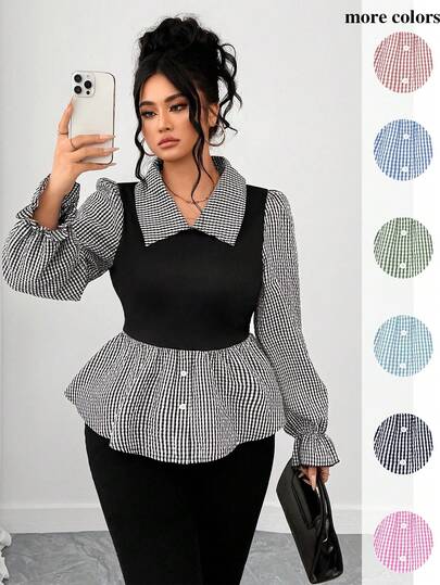 SHEIN Elenzya 大码女式时尚法式复古优雅通勤休闲格子拼布泡泡袖衬衫