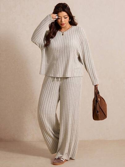 Elaquor Plus Size Casual Loose Solid Color Top And Pants 2 Pieces Set