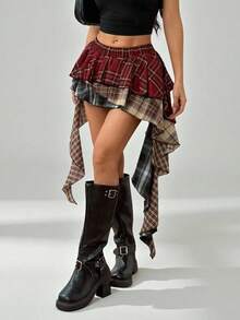 SHEIN PETITE 不对称格子拼布百褶裙，节日气氛，圣诞节和新年红色格子拼布 - 彩色 - 查看 2