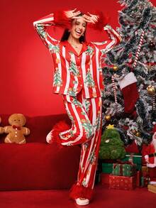 FamilyFrolics 女士圣诞树条纹长袖纽扣上衣和裤子睡衣套装，冬季服装 - 彩色 - 查看 3